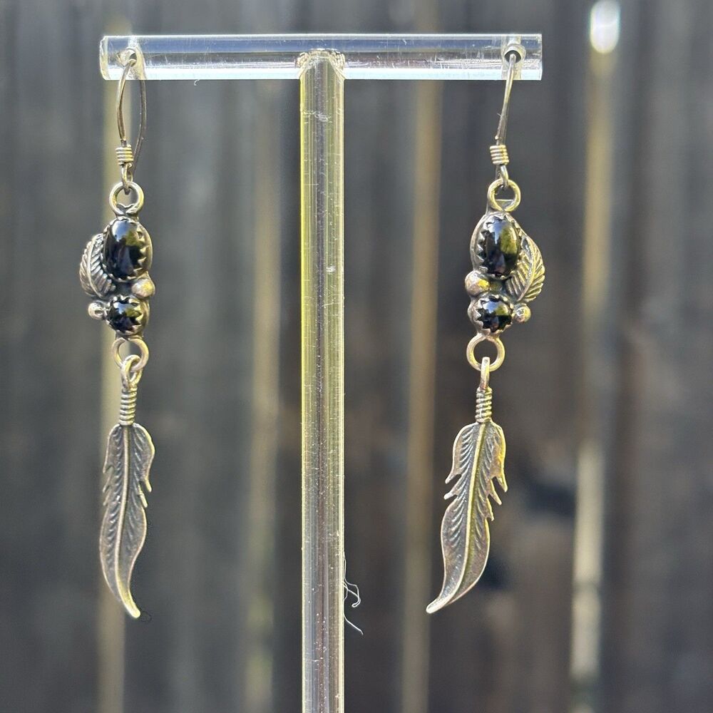 Vintage BR Sterling Silver Black Onyx Feather Dangle Earrings Boho Southwest - Picture 3 of 7